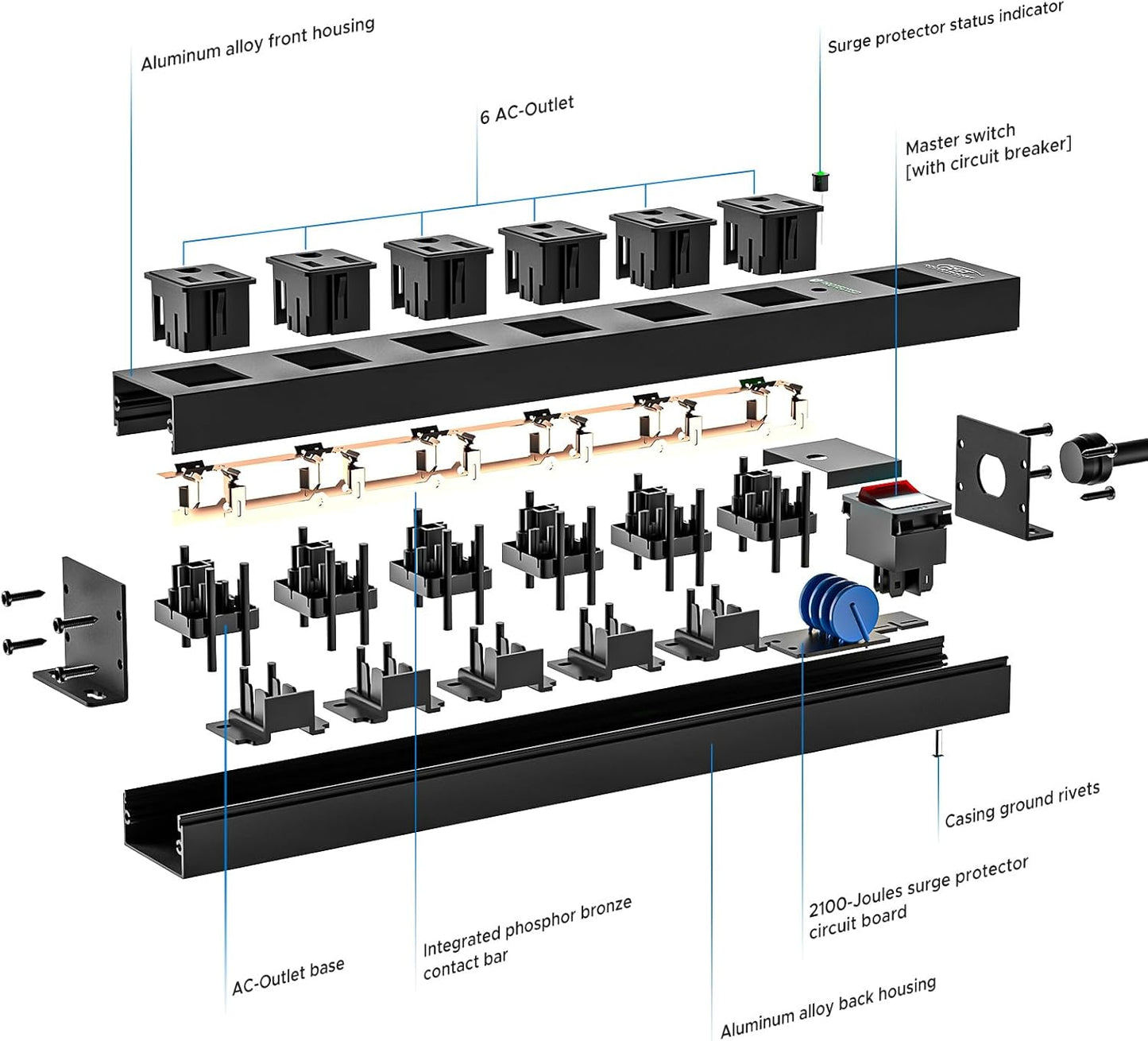 CRST 2Pack 6 Outlet Heavy Duty Power Strip with Switch, 15A/1875W Metal Mountable Power Strip Surge Protector 2100Joules, Wide Spaced Power Bar for Garage Worshop Home School, 6 FT Cord(Black)