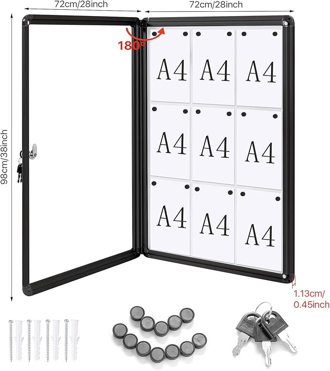 SWANCROWN Enclosed Bulletin Boards Magnetic Glass Covered Notice Information Cabinet with Aluminum Frame 38x28inch (9xA4)
