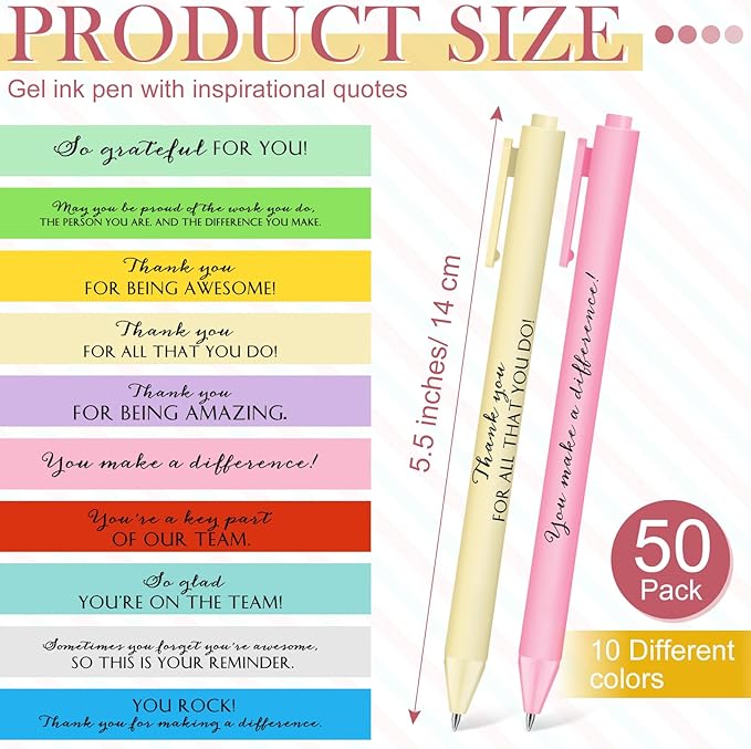 50 Pcs Gel Ink Pens Motivational Inspirational Quote Pen Retractable Rolling Ball Smooth Writing for Coworkers Supplies Office Home(Fresh Color,Thankful)