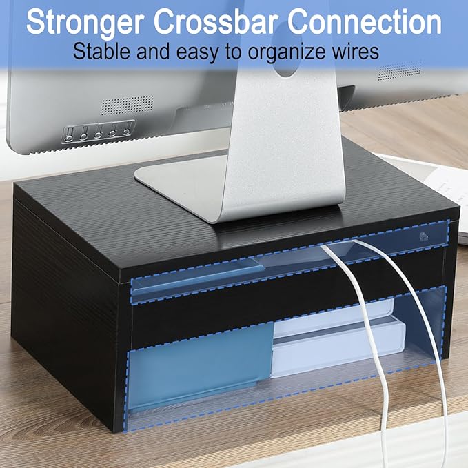 TEAMIX 14.2 inch Monitor Stand Riser, Wood Monitor Riser with Storage for Desk Small Monitor Stand TV/Screen/PC/Laptop Riser Computer Stand Desktop Shelf (Black-Higher)