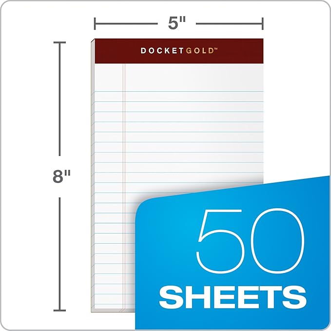 TOPS Docket Gold Writing Pads, 5" x 8", Jr. Legal Rule, 50 Sheets, 6 pack (99705), White