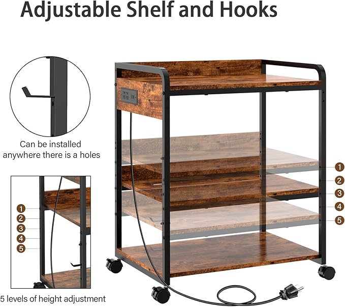 3 Tier Large Printer Stand with Wheels, 25.2 x 18.9 Inch Printer Stand with Power Outlet USB Port, Printer Table with Adjustable Storage Shelf for Home Office, Rustic Brown