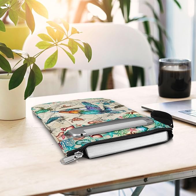 Vintage Map Book Cover Bag with Zipper and Front Pocket. Washable Fabric 11 X 8.5 Inch Book Sleeve Pouch for Paperbacks. Gift for Turtle and Book Lovers