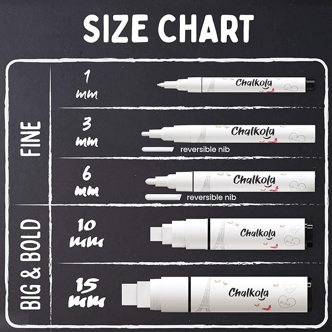 Chalkola 5 White Chalk Markers for Chalkboard Signs, Blackboard, Car Window, Bistro, Glass | 5 Variety Pack - Thin, Fine Tip, Bold & Jumbo Size Erasable Liquid Chalk Pens (1mm, 3mm, 6mm, 10mm, 15mm)