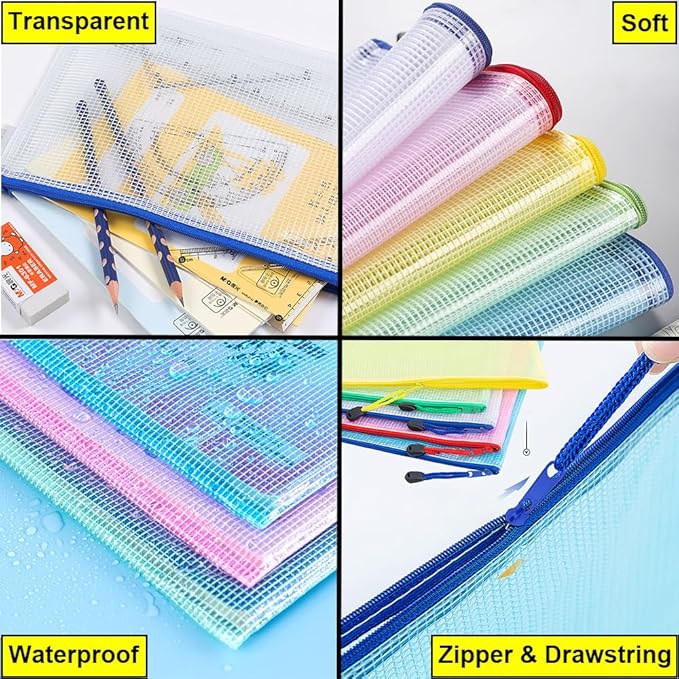 AUSTARK 20 Pcs Zipper File Bags, Plastic Mesh Pouch, Board Game Storage Bag, Waterproof Bags for Office School (A5 Size 9.2''x6.7'', Multicolored)