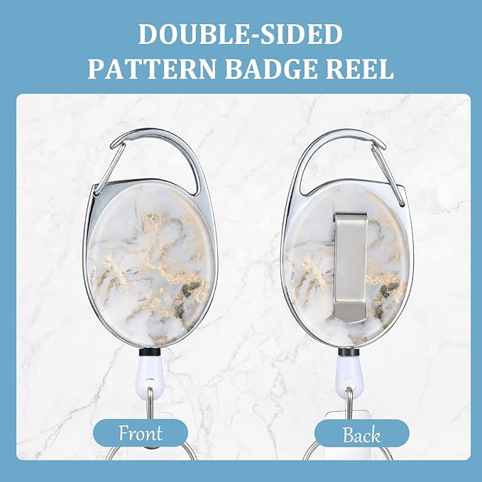 Badge Reels Retractable Double Sided Color Print Pattern Holders with Retractable Keychain and Badge Clip, Durable Nylon Rope, Light Gray Marble