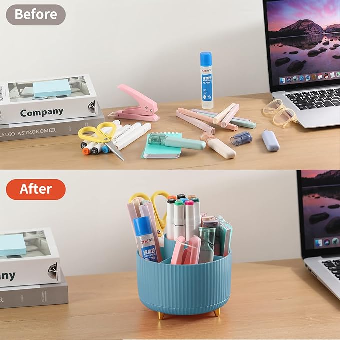 Desk Pencil Pen Holder, 5 Slots 360°Degree Rotating Pencil Pen Organizers for Desk, Desktop Storage Stationery Supplies Organizer, Cute Pencil Cup Pot for Office, School, Home, Art Supply, Blue