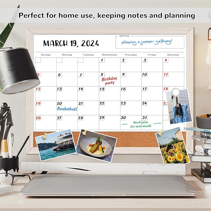 Monthly Whiteboard Calendar & Corkboard for Wall, Magnetic 17"x13" Dry Erase Board with White Wood Framed, 2in1 White Board Cork Board Combo, Calendar Bulletin Board for Kitchen Planner Memo Office