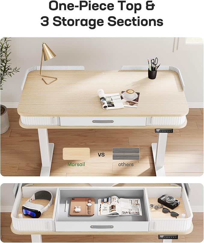 Marsail Electric Standing Desk Whole-Piece Desktop 48 x 24 Inches Height Adjustable Desk with 3 Drawers Home Office Table with 3 Memory Preset