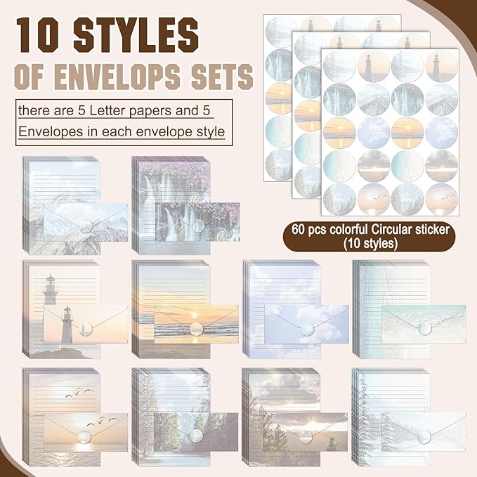 TaoBary 160 Packs Stationery Paper Set (50 Double Sided Stationery Writing Papers 50 Matching Envelopes) 60 Round Dot Sticker, 10 Design (8.5 x 11 Inch,Natural Scenery)