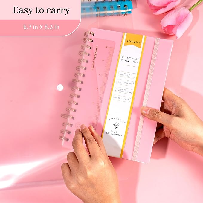 Yoment Spiral Notebook College Ruled A5 Spiral Bound Journal 160 Pages Thick Paper Plastic Hardcover Spiral Notebook 5x7 Wire Bound Notebooks for Note Taking School Office Supplies,Pink