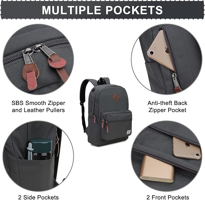 RAVUO Backpack for Men, Water Resistant Grey School Backpack Laptop Rucksack College Bookbag Daypack with Two Bottle Pockets