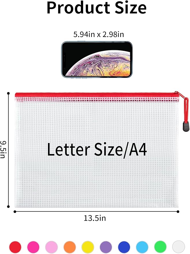 JARLINK 20 Pack 10 Colors Zipper Mesh Document Pouch, Letter Size/A4 Size, Plastic Water-Resistant File Bags, for School Office Supplies Cosmetics Travel Storage, Assorted Color