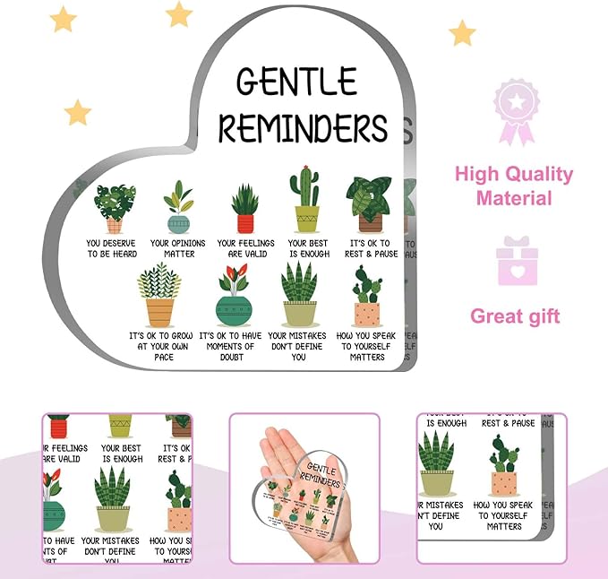 Gentle Reminders Positive Affirmations Decor - Desktop Art for Home & Therapy Office, Mental Health Awareness Gifts, Heart Acrylic Sign