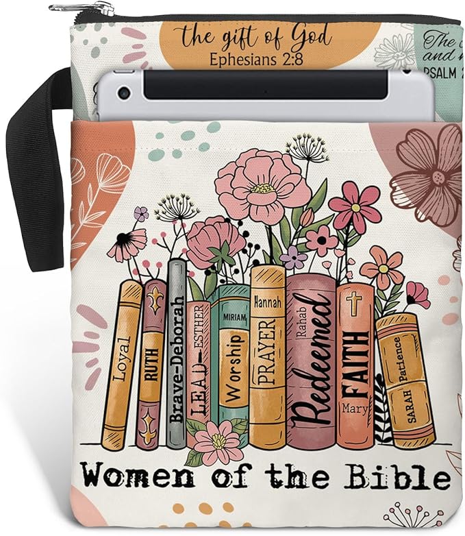 Book Sleeve. Christian Faith God Religious Gift. Bible Book Cover with Zipper and Front Pocket. Washable 11 X 8.5 Inch Padded Book Bag. Gift for Book Lovers. Women of The Bible