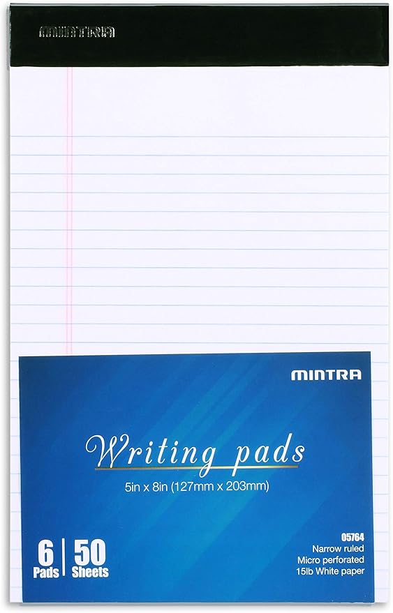 Mintra Office Legal Pads - ((BASIC WHITE 6pk, 5in x 8in, NARROW RULED)) - 50 Sheets per Notepad, Micro perforated Writing Pad, Notebook Paper for School, College, Office, Business