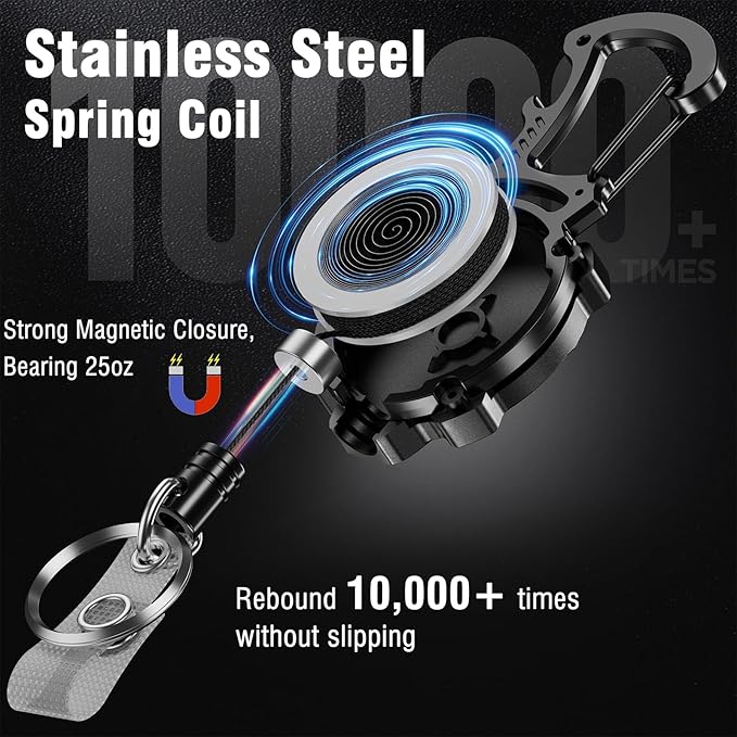 1Pack Heavy Duty Retractable Keychain, Tactical ID Badge Holder Reel Carabiner Clip with Magnetic Closure for Men, Unbreakable Sandwich Construction with 31" Dyneema Cord, Bearing 25oz