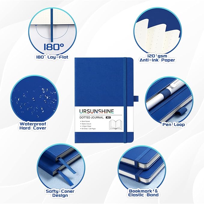 Dotted Journal/Notebook - Dot Grid Hard Cover Notebook, Premium Thick Paper with Fine Inner Pocket, Black Smooth Faux Leather, Pen Loop, 5.3'' x 8.26'' - Deep Blue