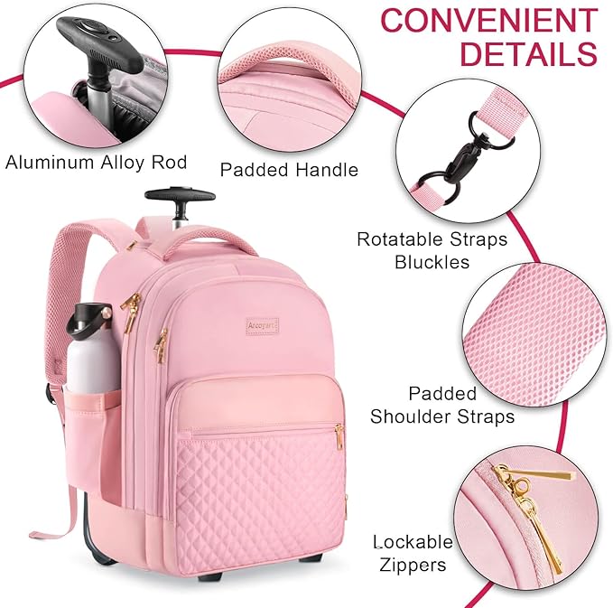 Rolling Backpack Carry On Luggage For Adults With Wheels, 40L Wheeled Backpack For Women, Travel Roller Backpack, Rolling Bag, Pink