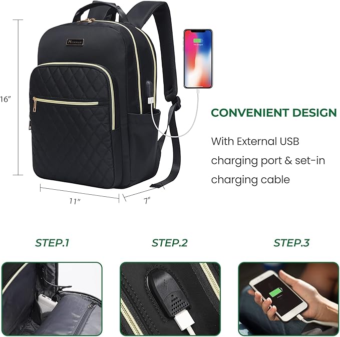 Modoker 15.6 Inch Laptop Backpack, Quilted Work Backpack for Women Bookbag Teacher Backpack with USB Charging Port, Travel Backpack Purse for Women Nurse, Black