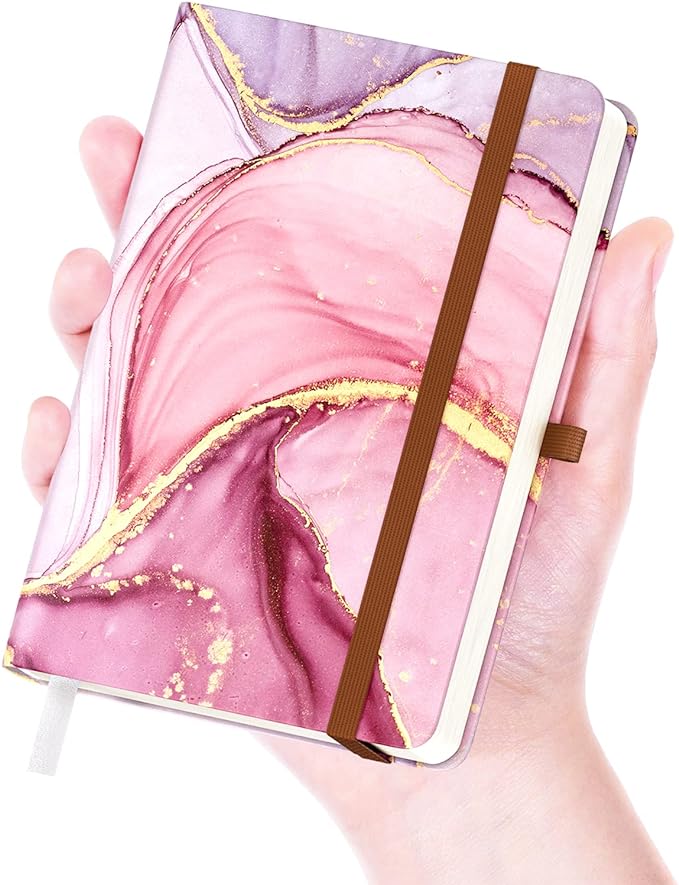 Small Notebook, Mini Pocket Journal A6 5.7" x 3.9", Leather Hardcover Journal with Pen Holder, 160 Thick Papers, Cute Lined Notebook Small Notepad for Women Writing Work Travel, Pink Marble