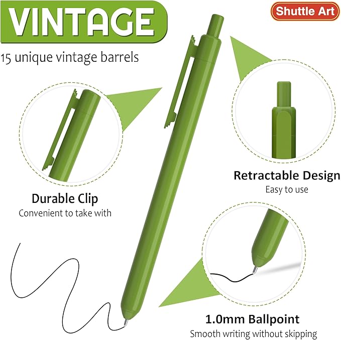 Shuttle Art Ballpoint Pens, 15 Pack Vintage Retractable Black Ink Ball Point Pens, Cute Pens 1.0mm Medium Point Quick Drying for Writing Journaling Taking Notes School Office Home