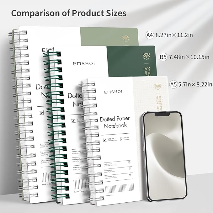 EMSHOI Spiral Notebook B5 Bullet Dotted Journal, Dotted Grid Notebook with 300 Pages, 100gsm Thick Paper, 7.48" × 10.15", Waterproof Softcover Notebook for School Work Writing - Light Green