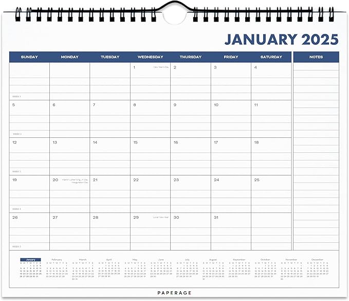 PAPERAGE Calendar 2025-12 Month (Navy), Minimalist Wall and Desk Calendar with Monthly Views and Yearly Plans – Small (9 in x 11 in)