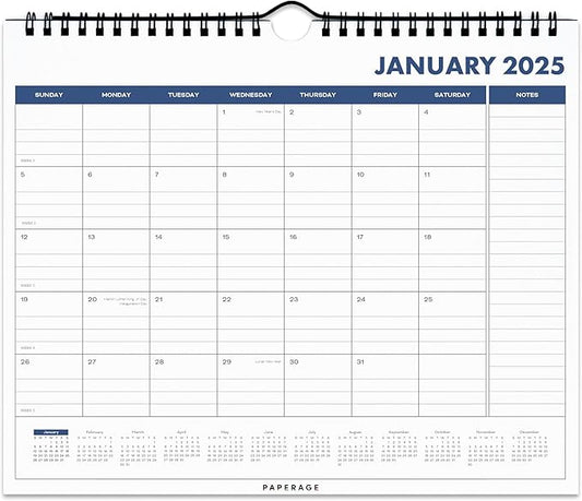 PAPERAGE Calendar 2025-12 Month (Navy), Minimalist Wall and Desk Calendar with Monthly Views and Yearly Plans – Small (9 in x 11 in)