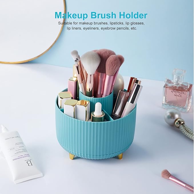 360 Degree Rotation Pen Holder, 5 Slots Office Desk Pen Organizer Multi-Functional Pencil Cup Makeup Brush Holder Office Business Card Pen Pencil Stationery Holder Storage Box Blue