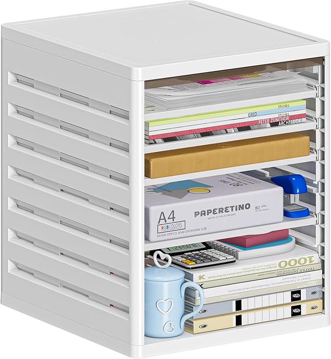 5 Tray Paper Organizer with Doors - Desktop File/Letter Organizer, Plastic Paper Sorter with Drawers for Office, Home or School - Dust-Proof Design