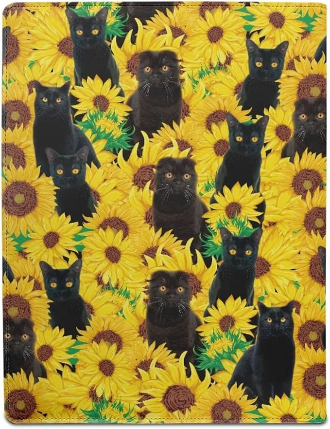 Black Cat Sunflower Portfolio Folder Leather Padfolio with A4 Size Clipboard Clip for Business Resume Interview Document Sleeve Binder Folder for Men/Women