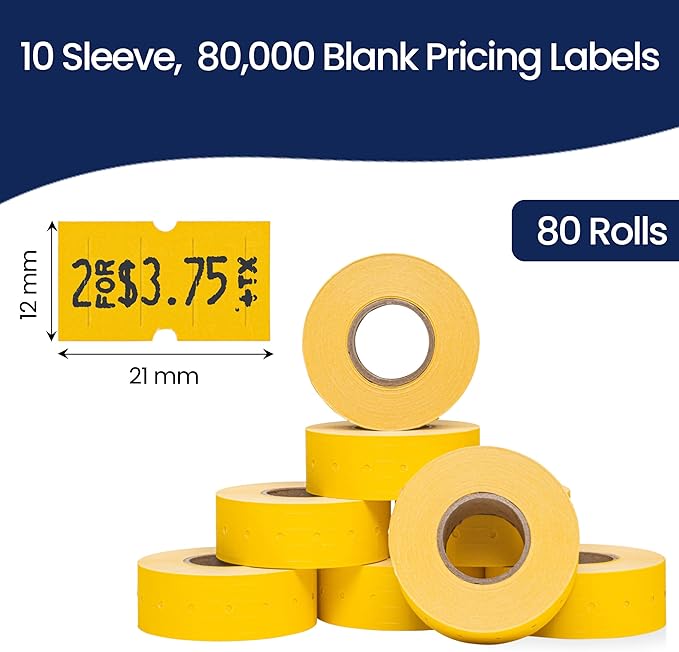 Perco 1 Line Yellow Labels - 80 Rolls, 10 Sleeves, 80,000 Blank Price and Date Gun Labels for Perco 1 Line Price and Date Guns - Made in USA