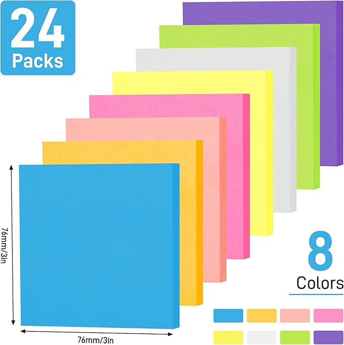 24 Pack Sticky Notes 3x3 Inches, 8 Bright Colors Self-Stick Notes, Strong Adhesive Sticky Memo Pads forHome Office School, 100 Sheets/Pad