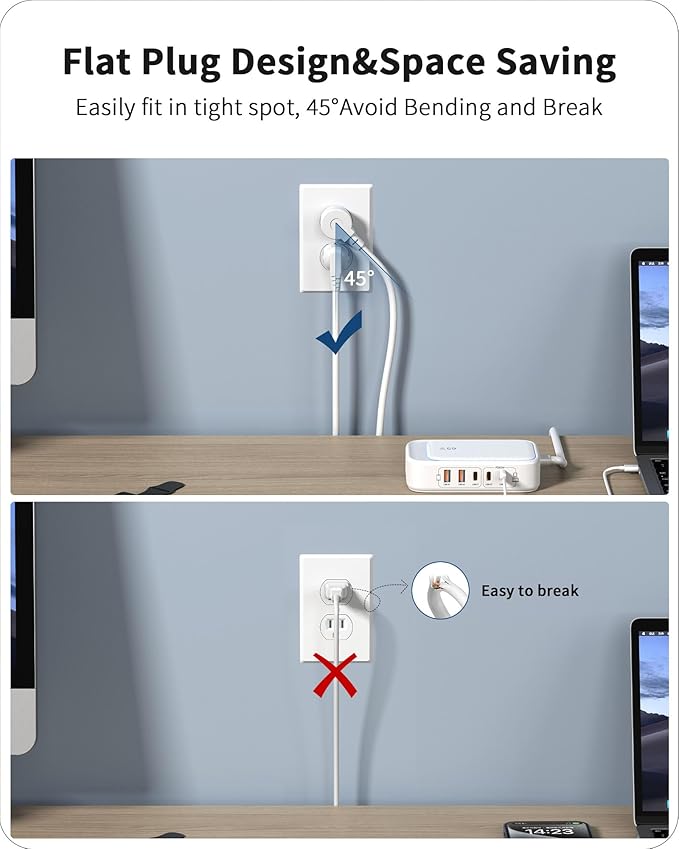 Power Strip with USB Ports, 65W USB C Charger for Laptop 5FT Flat Extension Cord Outlet Extender with 2 AC Outlets, 3 USB C Ports, 2 USB A Ports, Surge Protector Desktop USB Charging Station