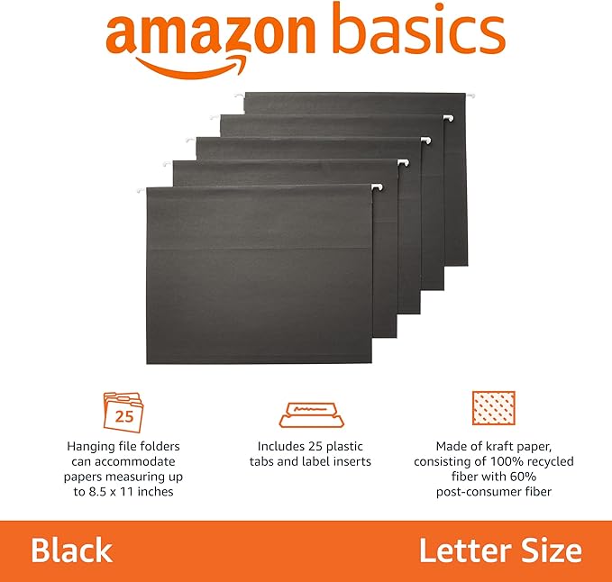 Amazon Basics Hanging File Folders, Letter Size, 8.5x11 inches, Black, 25-Pack