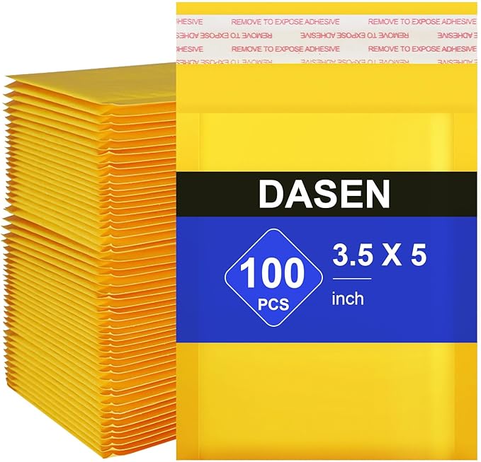 Dasen Kraft Bubble Mailers 3.5x5 Inch 100 Pcs,Small Self-Sealing Waterproof Cushioned Mail Shipping Bags,Yellow Padded Envelopes #0000