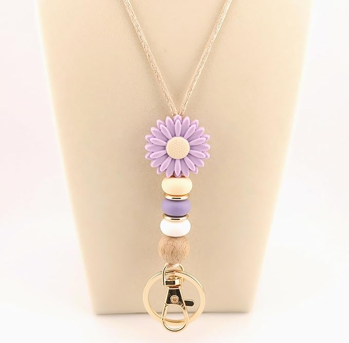 Flower Teacher Lanyards ID Badge and Key Chain, Cute Silicone Beads Lanyard for Women Nurse Work Student (Lavender)