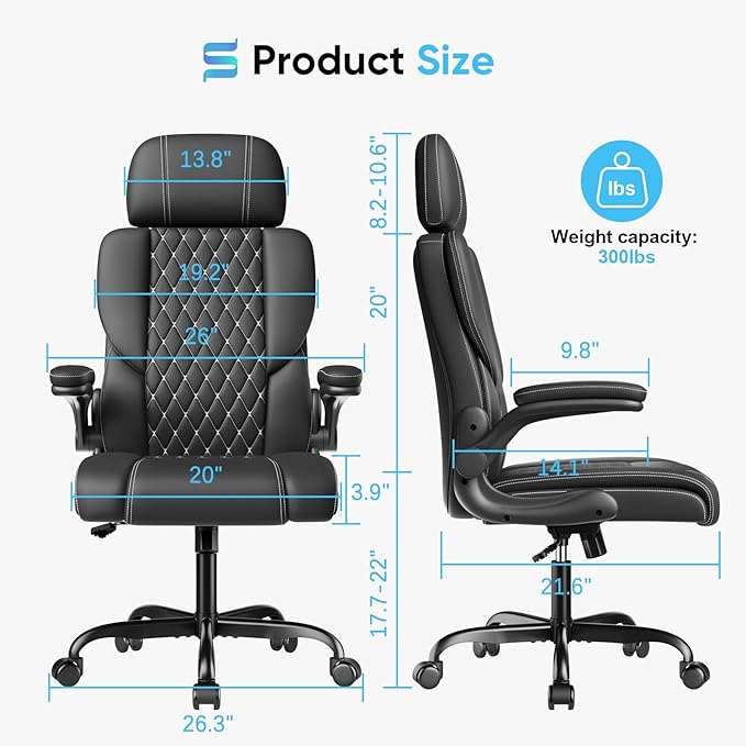 Sytas Executive Leather Office Chair, Comfy Desk Chair with Adjustable Headrest & Flip-up Padded Arms & Lumbar Support, Adjustable Hight and Tilt, Rolling Swivel Chair, Black