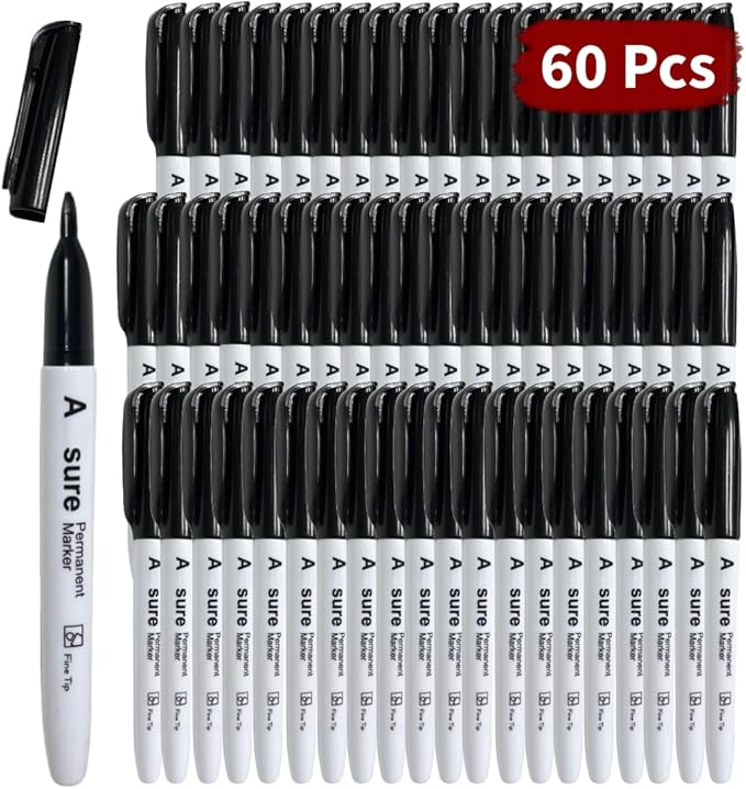 60 Pack Black Permanent Felt Waterproof Markers, Fine Point, Fade Resistant, Writes on Plastic, Metal, Glass, and Stone.