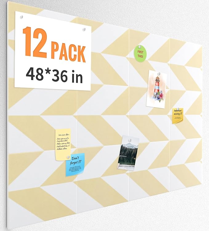 Smarpau 12 Pack Felt Cork Board Tiles 48"x36" Large Cork Board with Safe Removable Adhesive Tabs Cork Bulletin Board for Home Office Pin Board Tack Board Geometric Brown