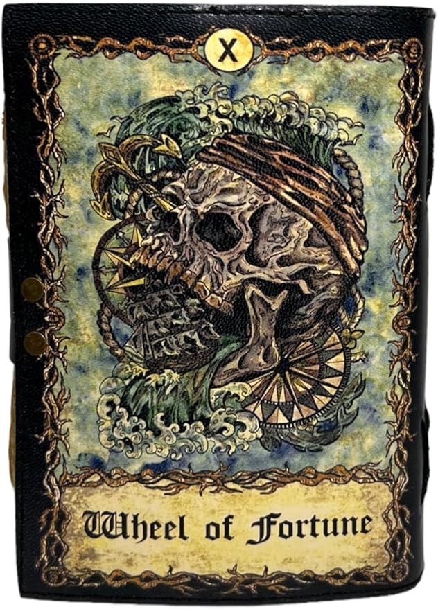 Spell Book of Shadows Journal with Lock Clasp Witchcraft Supplies Vintage Handmade Leather Luna Moths and Morpho Butterfly Print Diary Witchcraft Supplies (Wheel of Fortune)