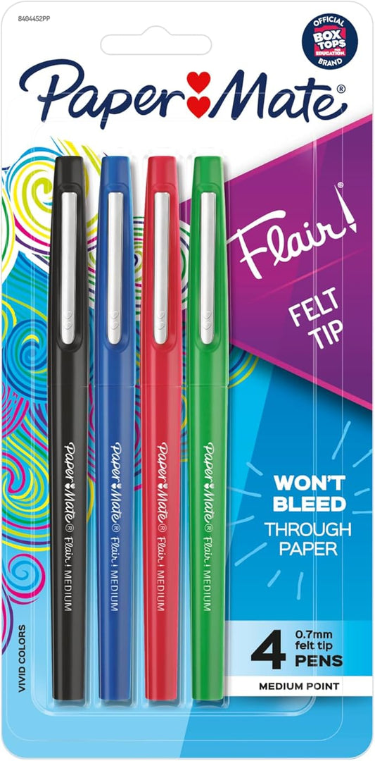 Paper Mate® Flair® Porous-Point Pens, Medium Point, 1.0 mm, Assorted Ink Colors, Pack Of 4 Pens