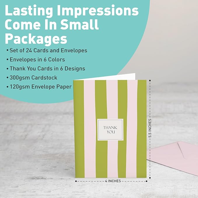 S&O Palm Beach Thank You Cards with Envelopes, Blank Greeting sheets for Handwritten Messages, Set of 24 stylish Notes and Covers, Assorted Thank You decor notes with Color full Envelopes Mix & Match