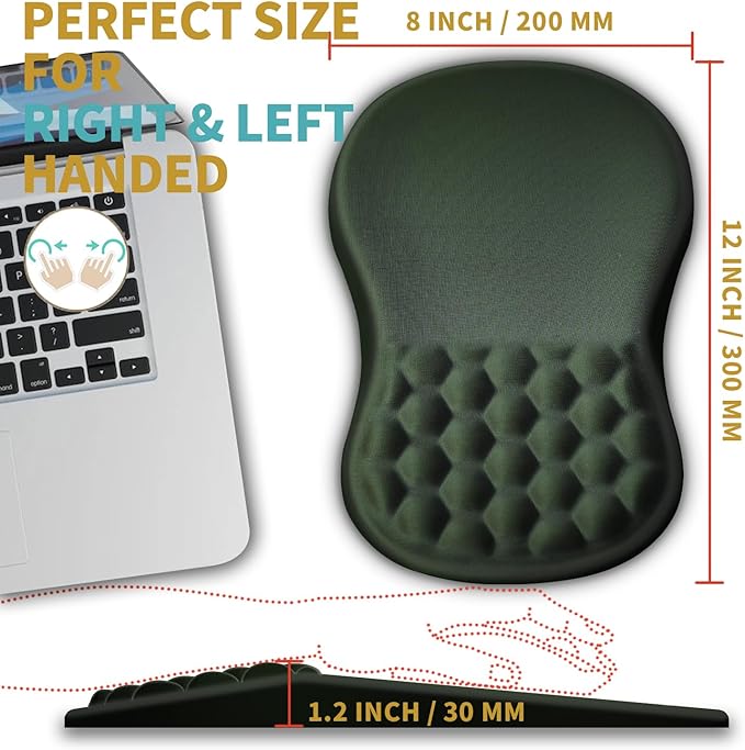 Hokafenle Ergonomic Mouse Pad Wrist Support with Massage Design, Wrist Rest Pain Relief Mousepad with Memory Foam&Non-Slip PU Base, Mouse Pads for Wireless Mouse & Desk (12x8 inch,Olive Green)