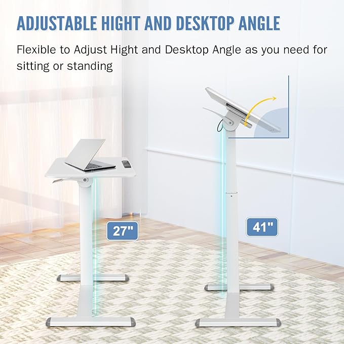 Mobile Standing Desk Adjustable Height, Sit Stand Foldable Desk with Wheels, 90° Tiltable Overbed Bedside Table, Portable Rolling Laptop Desk for Home, Office, School (White)