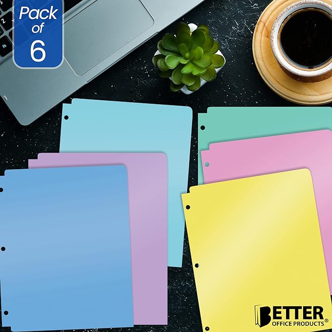 Better Office Products 3 Hole Punch Pocket Folders, Bulk Pack, Sturdy Plastic 2 Pocket Folders, Assorted Pastel Colors, Letter Size, with Business Card Slot,(6 Pack)