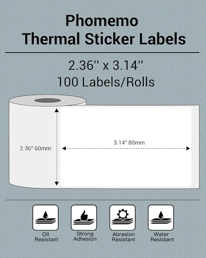 Phomemo Thermal Sticker Labels- 2.36"x 3.14"(60x80mm) Thermal Label for M221/M220/M200, for Barcode/Address/Mailing/Logo/Business/Home Tag