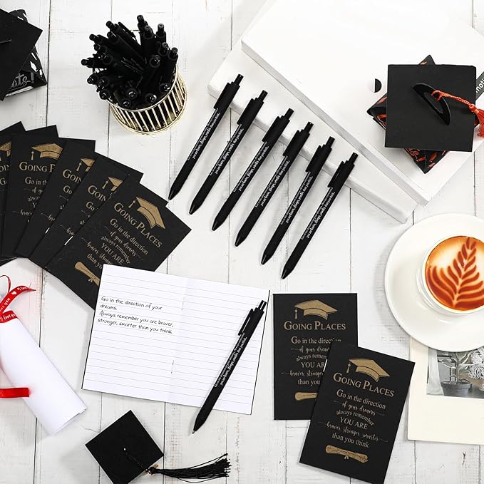 Kosiz 60 Pcs Graduation Gifts Motivational Mini Journal Inspirational Bamboo Pen Kraft Notebooks Bulk Wooden Retractable Ballpoint Pen for Class of 2025 College Gifts (Black)