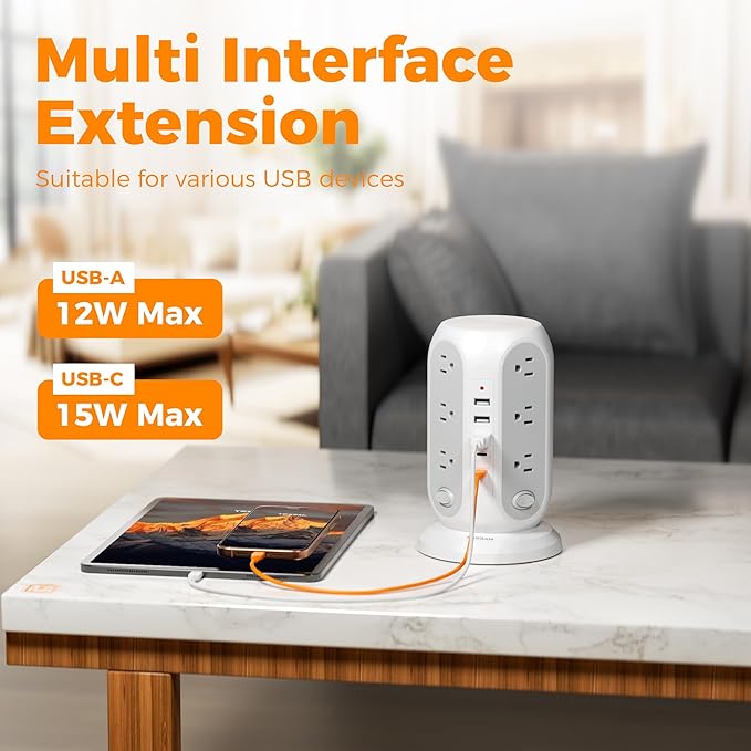Tower Power Strip with Individual Switches, TESSAN Surge Protector with 12 Outlets, 5 USB Ports(2 USB C), Flat Extension Cord 10 Ft, Flat Plug, Charging Station for Multiple Devices, for Office, Dorm